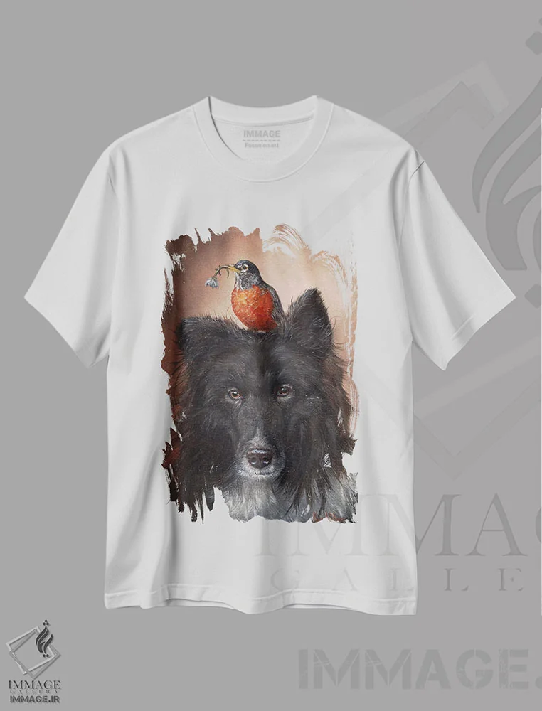 تیشرت سفید طرح دار سگ و سینه سرخ، تزئینی اثر کایرا ویلسون | immage.ir