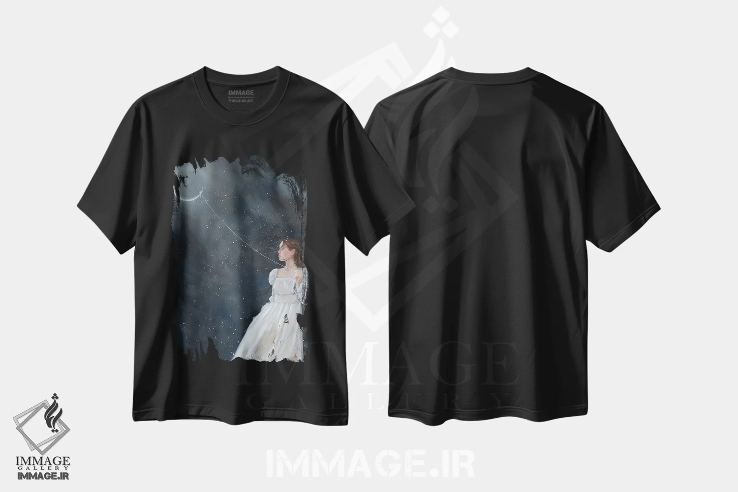 تیشرت مشکی طرح دار پرواز کن به سوی ماه، هنر فاخر معاصر اثر کایرا ویلسون | فروشگاه ایماژ