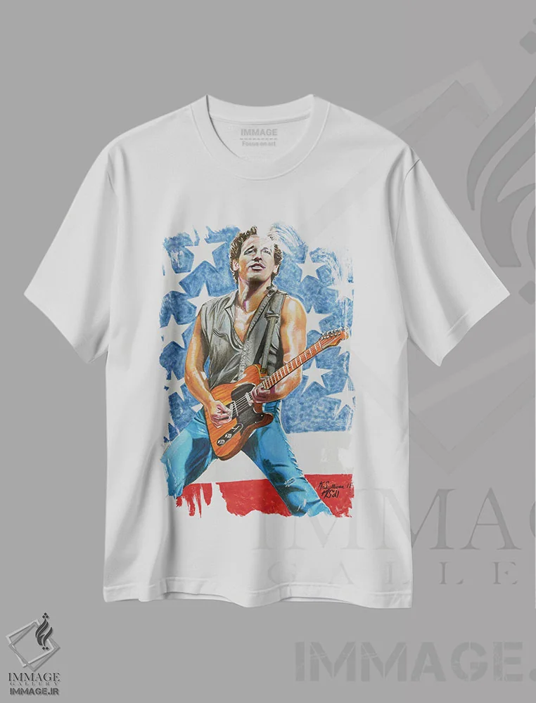 تیشرت سفید طرح دار بروس اسپرینگستین، هنر دیجیتال اثر کتی سالیوان | فروشگاه ایماژ