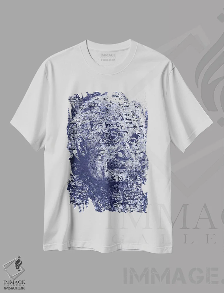 تیشرت سفید طرح دار آلبرت اینشتین، نقاشی و تصویرگری سیاه و سفید اثر کایل ویلیس | immage.ir