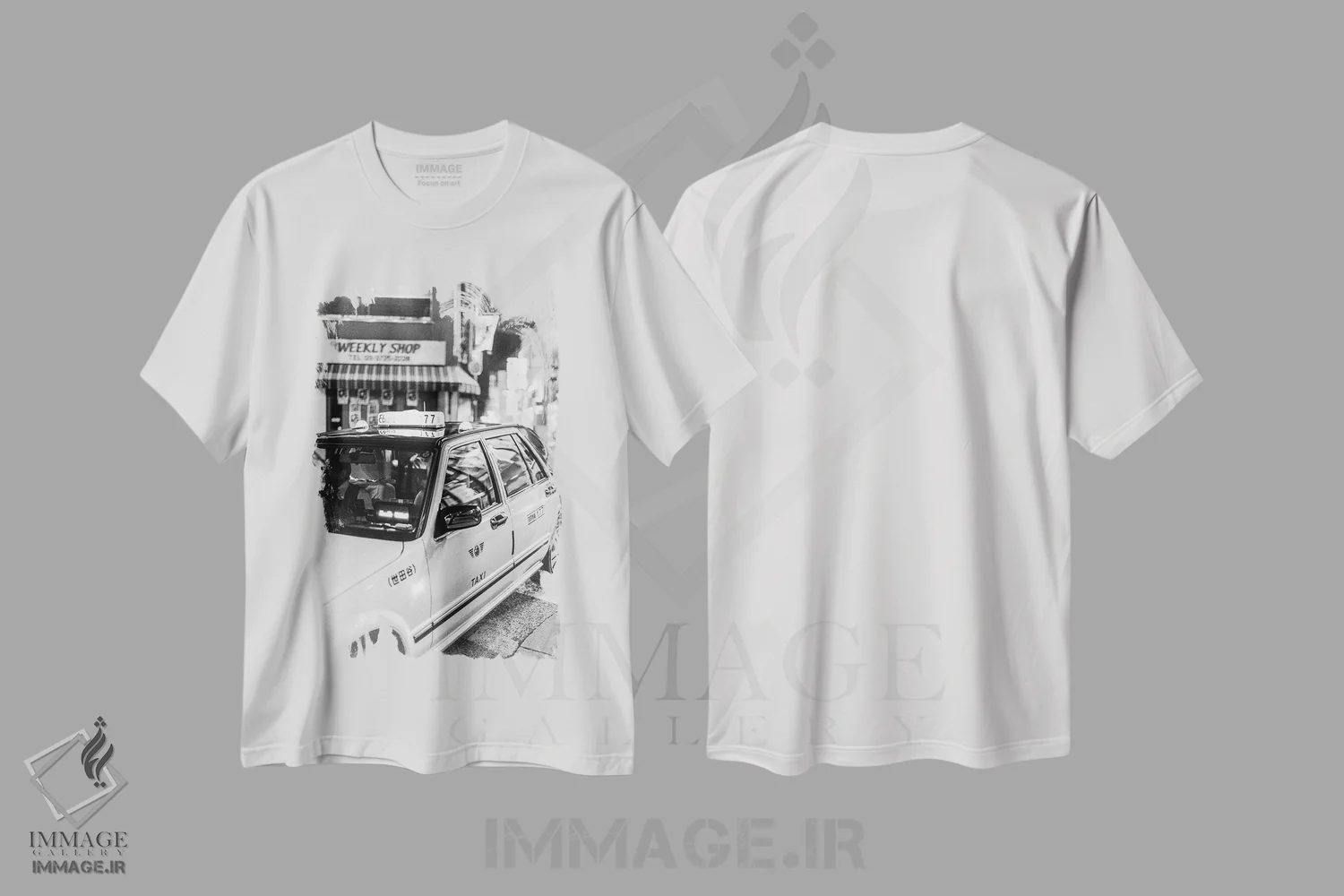 تیشرت سفید طرح دار تاکسی به سیاه و سفید، عکاسی سیاه و سفید اثر کنزو ایجیری | فروشگاه ایماژ