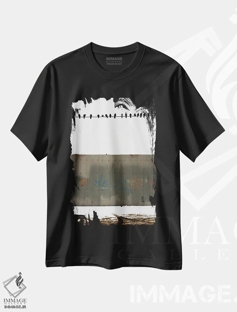 تیشرت مشکی طرح دار پرندگان در افق های یخ زده، مدیوم اثر کنزو ایجیری | فروشگاه ایماژ