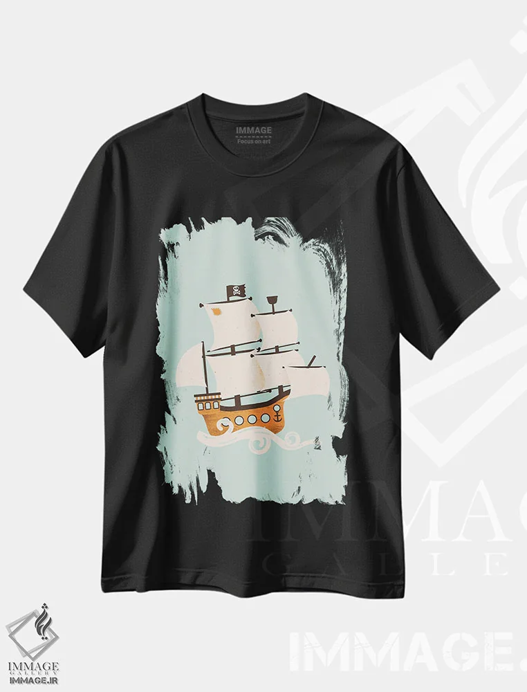 تیشرت مشکی طرح دار کشتی دزدان دریایی، تزئینی اثر کانزیلو | immage.ir