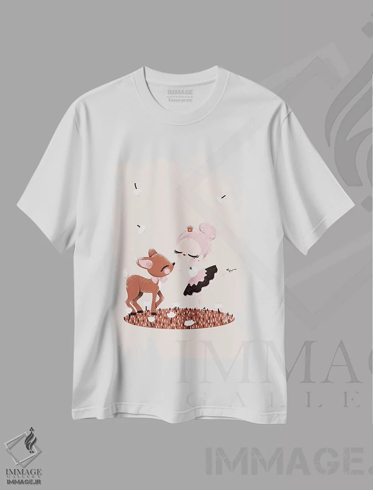 تیشرت سفید طرح دار آهو و بالرین، تزئینی اثر کانزیلو | immage.ir