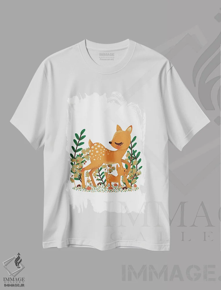 تیشرت سفید طرح دار گوزن ماده و فرزندش، تزئینی اثر کانزیلو | فروشگاه ایماژ