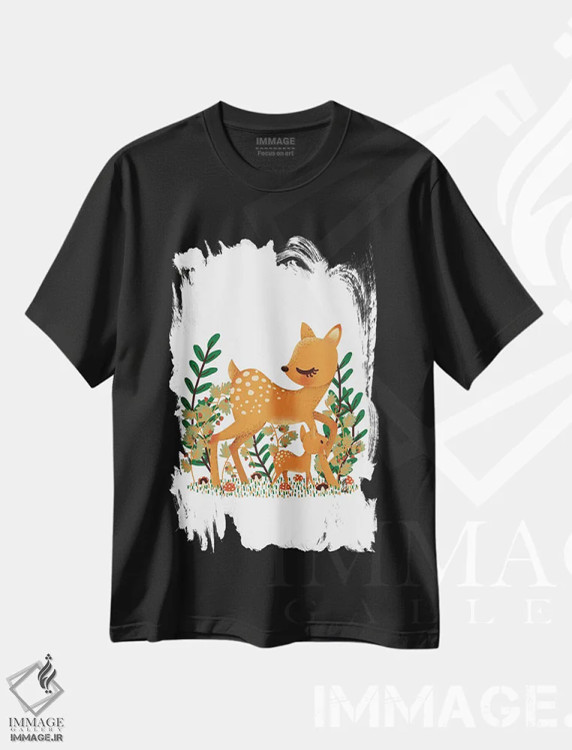 تیشرت مشکی طرح دار گوزن ماده و فرزندش، تزئینی اثر کانزیلو | immage.ir