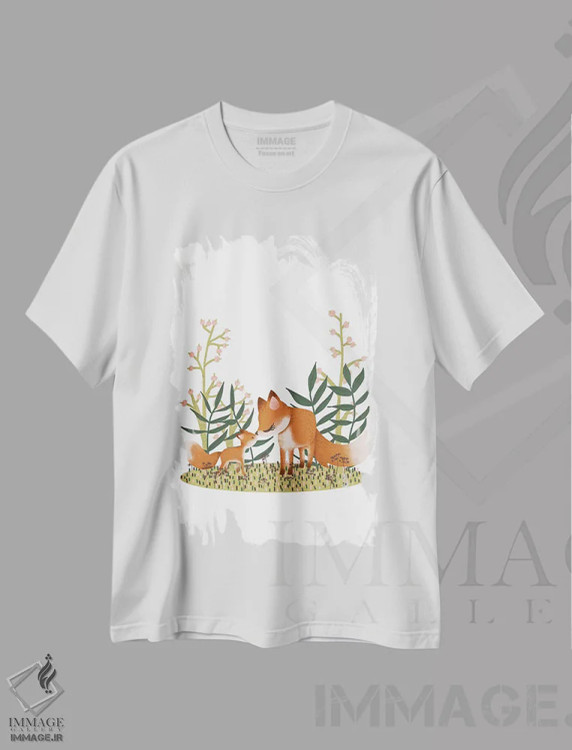 تیشرت سفید طرح دار روباه مادر و بچه اش، تزئینی اثر کانزیلو | فروشگاه ایماژ