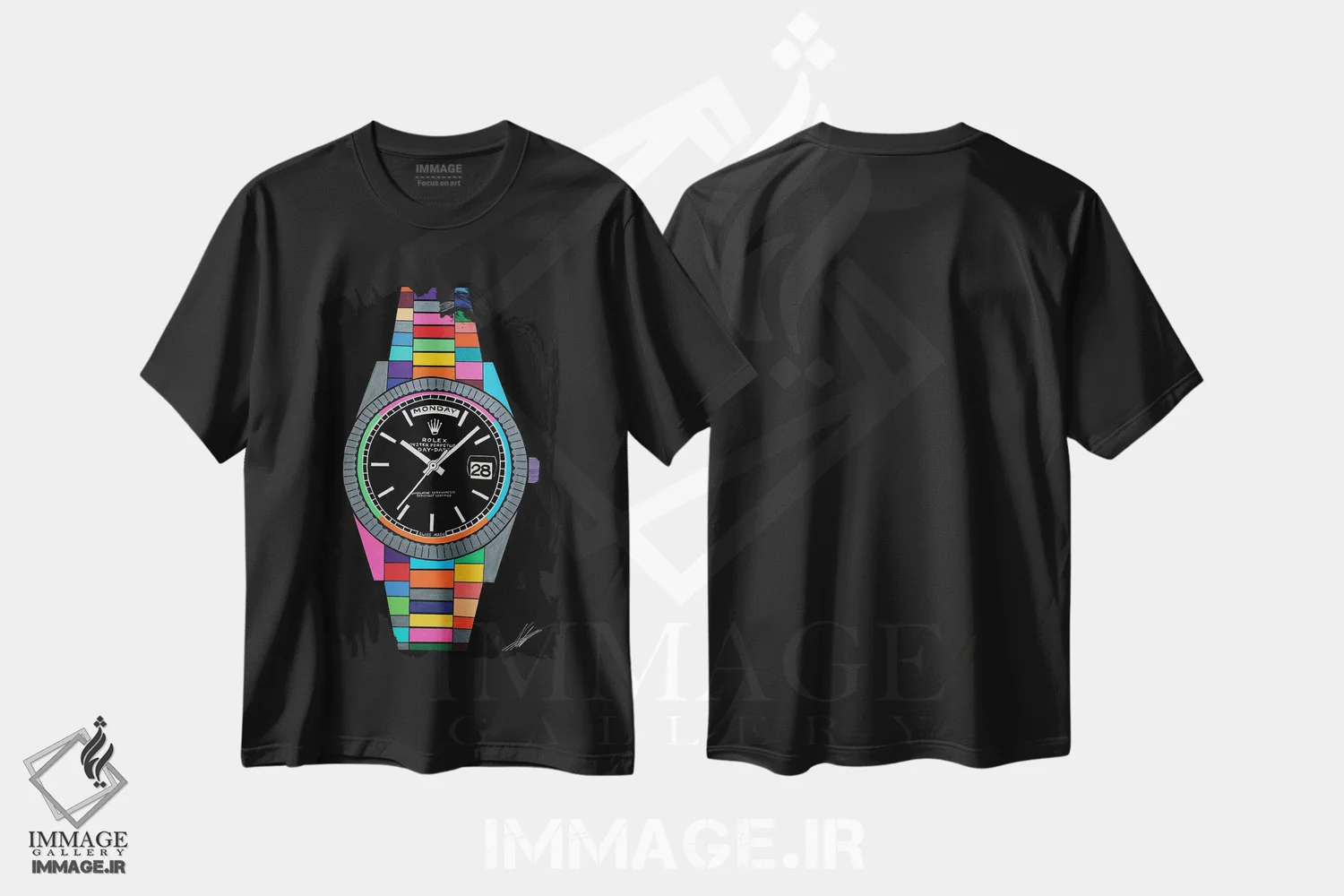 تیشرت مشکی طرح دار رولکس، مدیوم اثر نوا لاتار | فروشگاه ایماژ