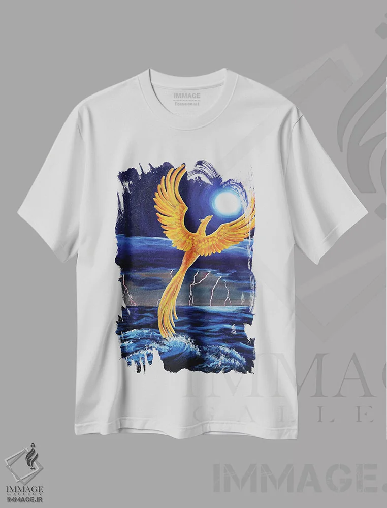 تیشرت سفید طرح دار ققنوس برخاسته از دریا، هنر فاخر معاصر اثر لورا ایورسن | فروشگاه ایماژ