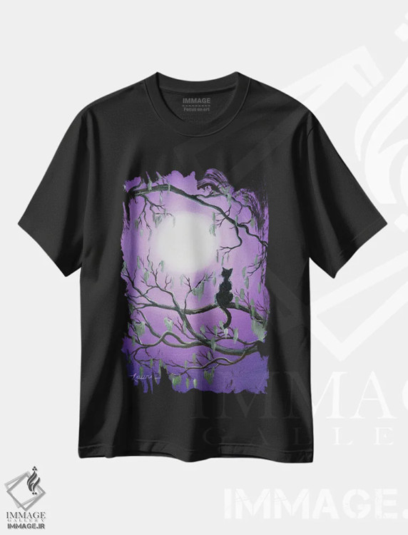 تیشرت مشکی طرح دار گربه سیاه درخت خزه ای، هنر فاخر معاصر اثر لورا ایورسن | فروشگاه ایماژ