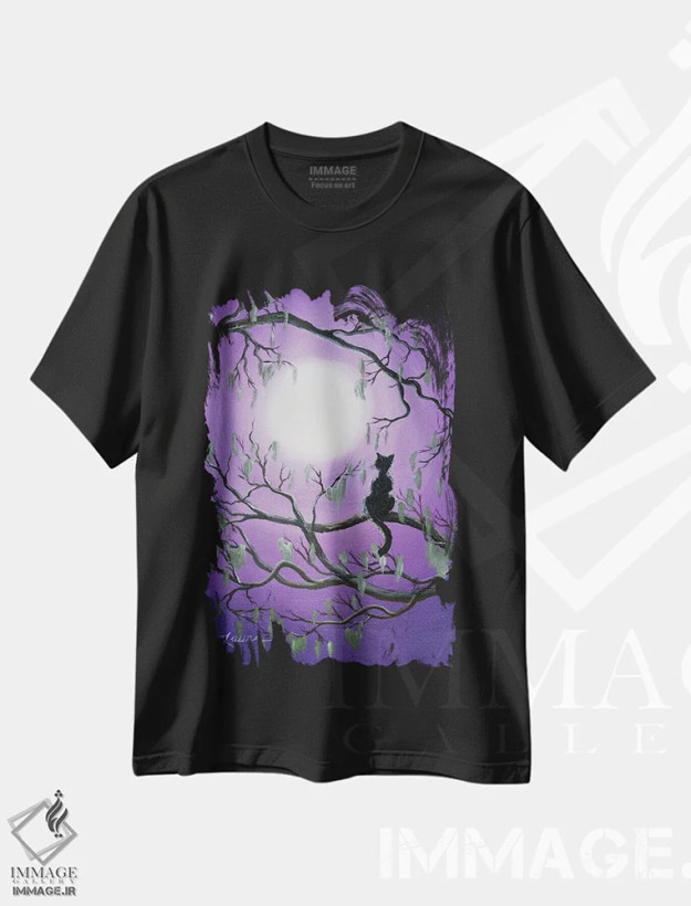 تیشرت مشکی طرح دار گربه سیاه درخت خزه ای، هنر فاخر معاصر اثر لورا ایورسن | فروشگاه ایماژ
