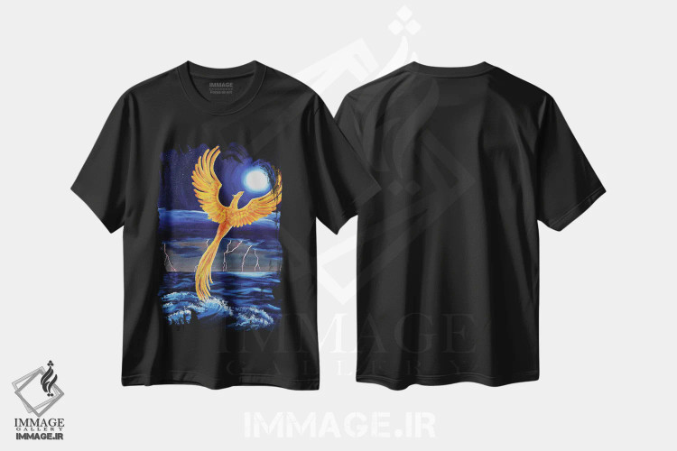 تیشرت مشکی طرح دار ققنوس برخاسته از دریا، هنر فاخر معاصر اثر لورا ایورسن | immage.ir