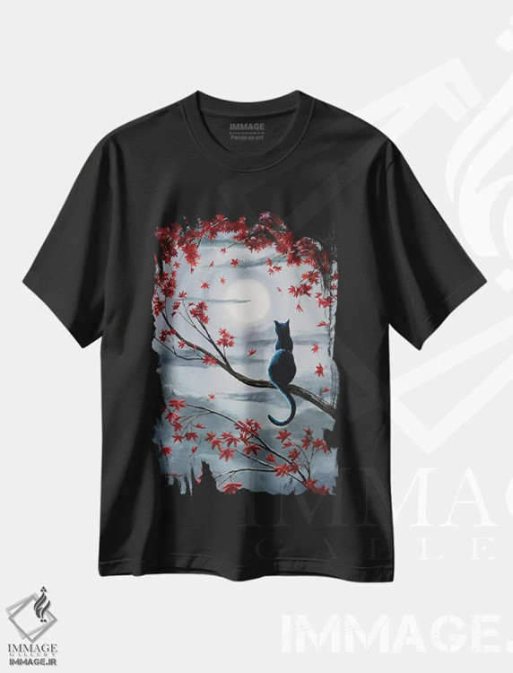 تیشرت مشکی طرح دار گربه سیاه در نور ماه نقره ای، هنر فاخر معاصر اثر لورا ایورسن | فروشگاه ایماژ