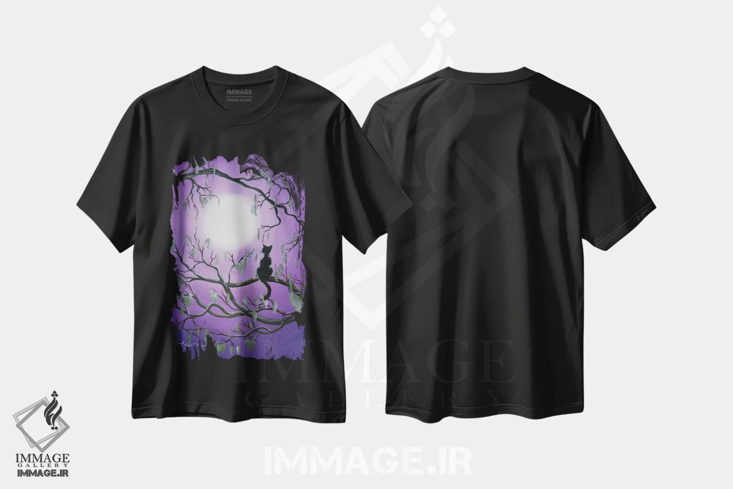 تیشرت مشکی طرح دار گربه سیاه درخت خزه ای، هنر فاخر معاصر اثر لورا ایورسن | فروشگاه ایماژ