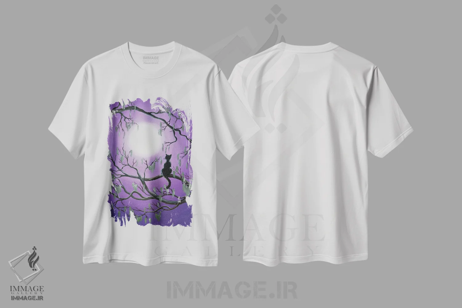 تیشرت سفید طرح دار گربه سیاه درخت خزه ای، هنر فاخر معاصر اثر لورا ایورسن | immage.ir
