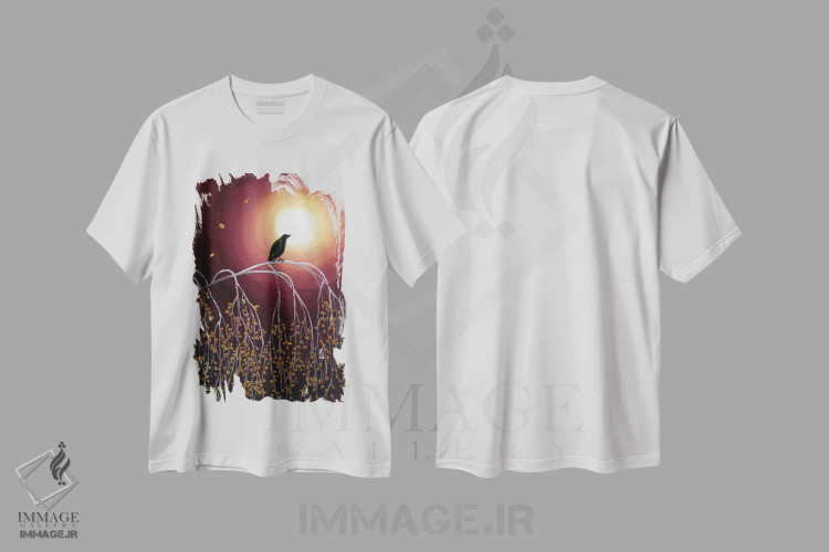 تیشرت سفید طرح دار کلاغ سیاه روی شاخه های توس سفید، هنر فاخر معاصر اثر لورا ایورسن | فروشگاه ایماژ
