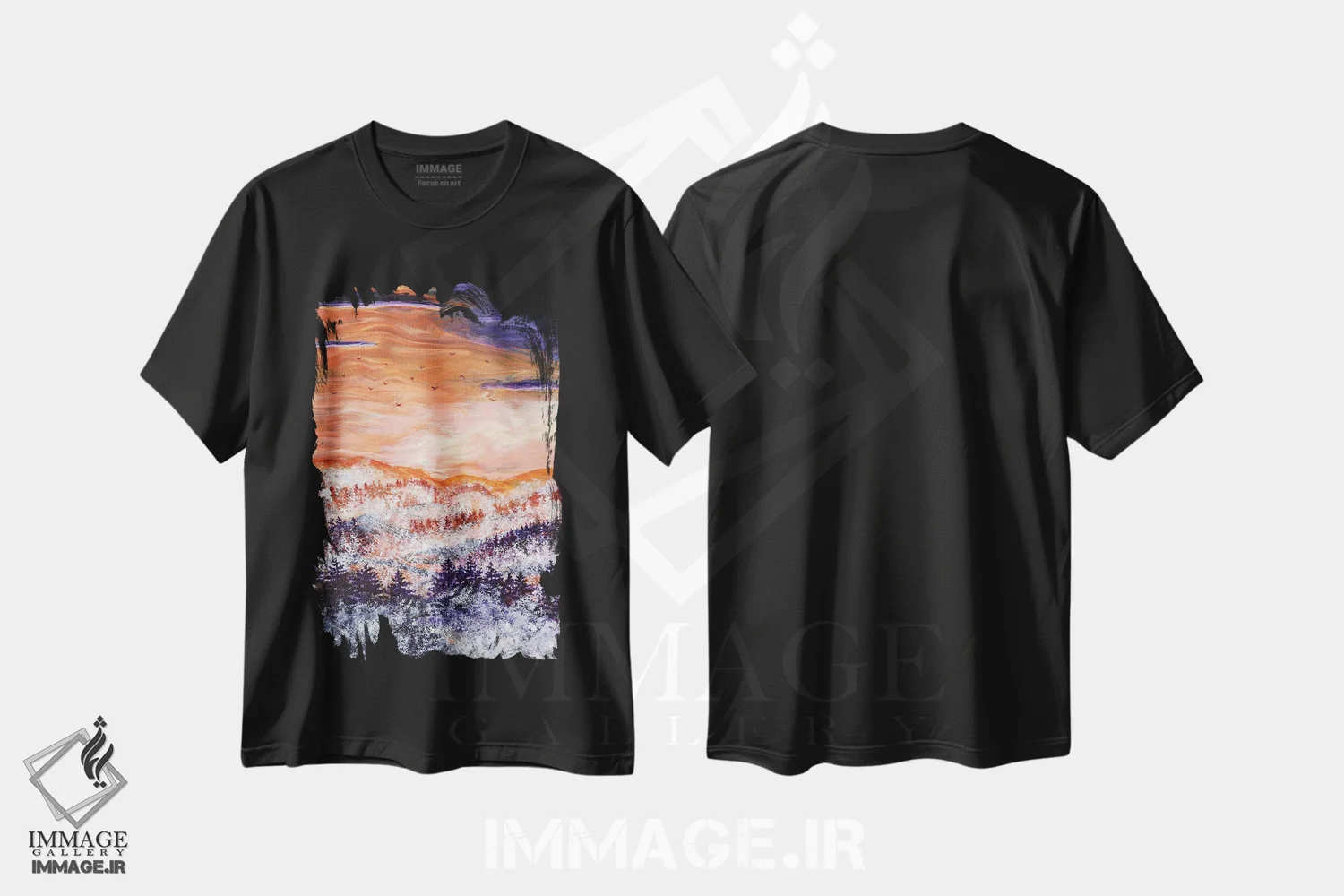تیشرت مشکی طرح دار غروب مه آلود شمال غرب اقیانوس آرام، آبستره اثر لورا ایورسن | فروشگاه ایماژ