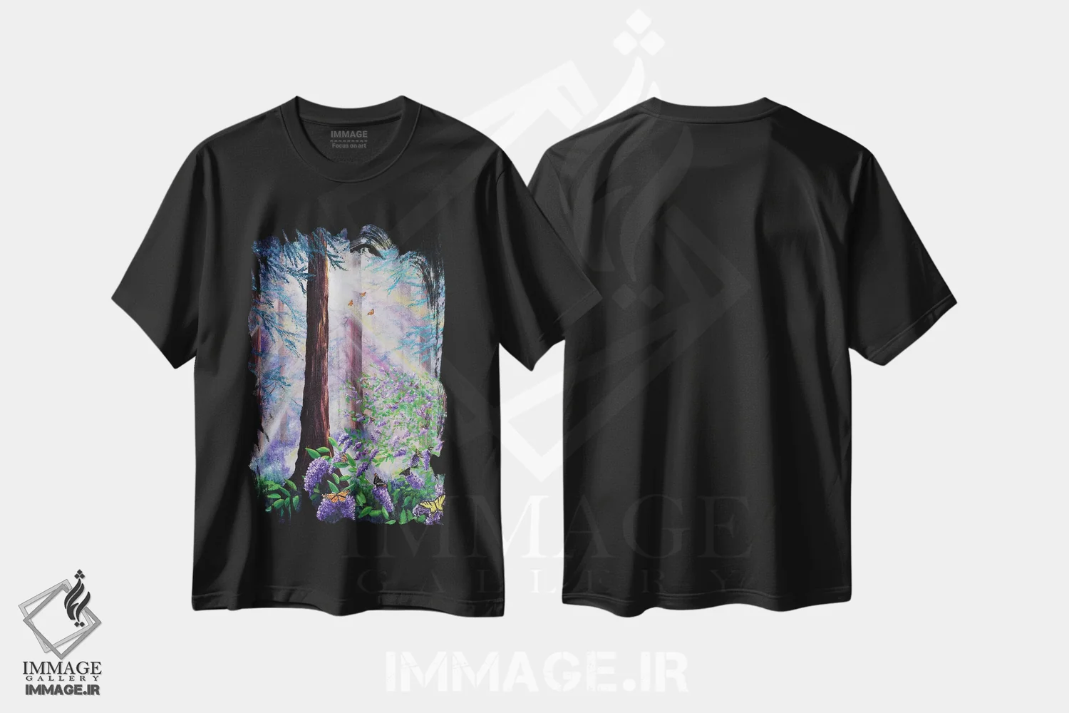 تیشرت مشکی طرح دار بیشه پروانه ها در جنگل سرخ چوب، هنر فاخر معاصر اثر لورا ایورسن | immage.ir