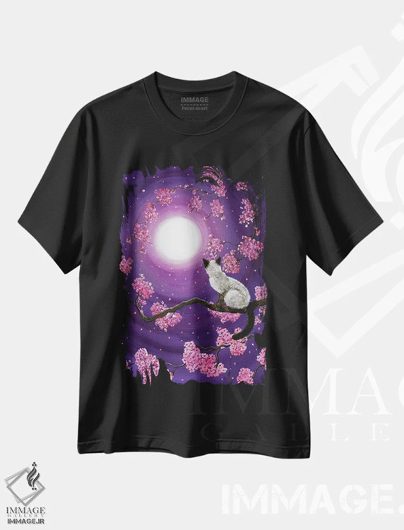 تیشرت مشکی طرح دار گلبرگ های صورتی رقصان، هنر فاخر معاصر اثر لورا ایورسن | فروشگاه ایماژ