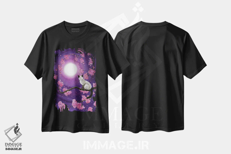 تیشرت مشکی طرح دار گلبرگ های صورتی رقصان، هنر فاخر معاصر اثر لورا ایورسن | فروشگاه ایماژ