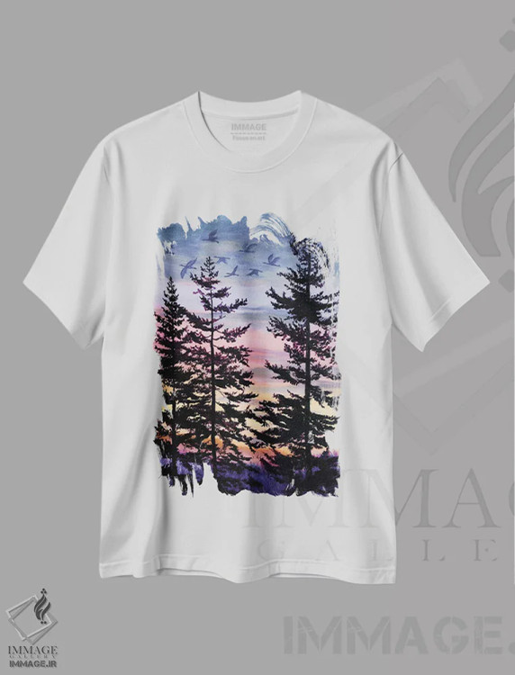 تیشرت سفید طرح دار غروب اورگن، هنر فاخر معاصر اثر لورا ایورسن | فروشگاه ایماژ