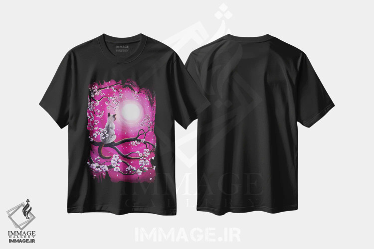 تیشرت مشکی طرح دار ساکورای صورتی روشن در صبح، هنر فاخر معاصر اثر لورا ایورسن | فروشگاه ایماژ