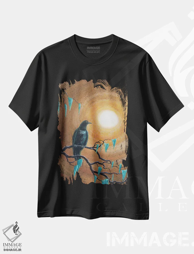 تیشرت مشکی طرح دار کلاغ سیاه در پاییز تاریک، هنر فاخر معاصر اثر لورا ایورسن | فروشگاه ایماژ