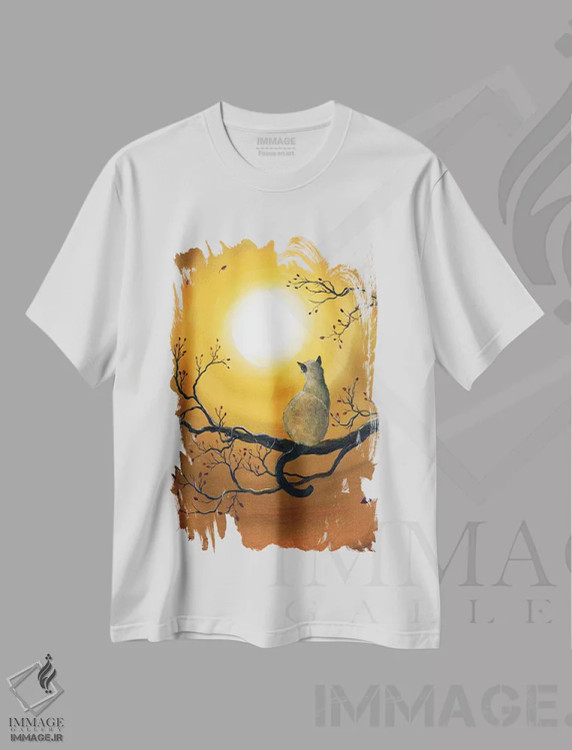 تیشرت سفید طرح دار گربه سیامی در درخشش پاییزی، هنر فاخر معاصر اثر لورا ایورسن | فروشگاه ایماژ