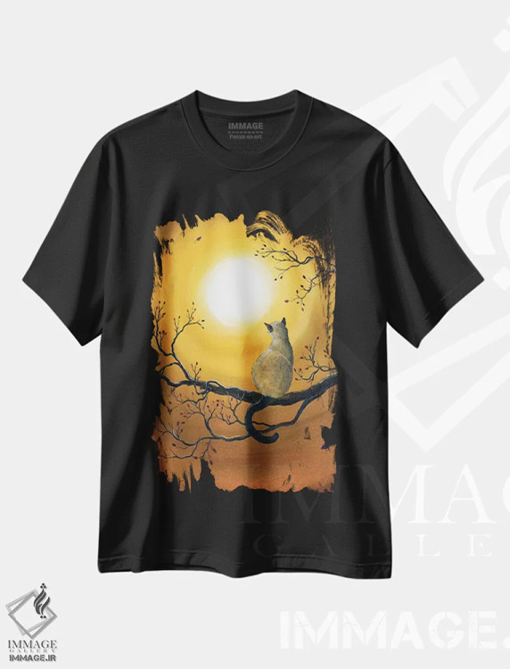 تیشرت مشکی طرح دار گربه سیامی در درخشش پاییزی، هنر فاخر معاصر اثر لورا ایورسن | immage.ir
