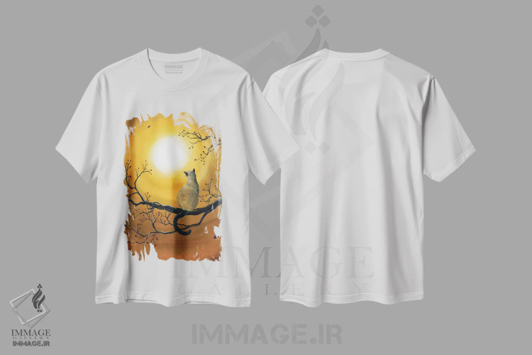 تیشرت سفید طرح دار گربه سیامی در درخشش پاییزی، هنر فاخر معاصر اثر لورا ایورسن | فروشگاه ایماژ