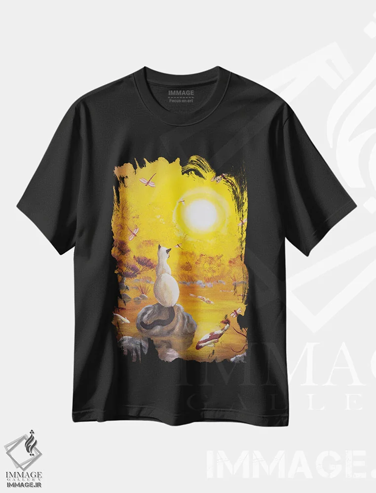 تیشرت مشکی طرح دار گربه سیامی با سنجاقک های رقصان، هنر فاخر معاصر اثر لورا ایورسن | فروشگاه ایماژ