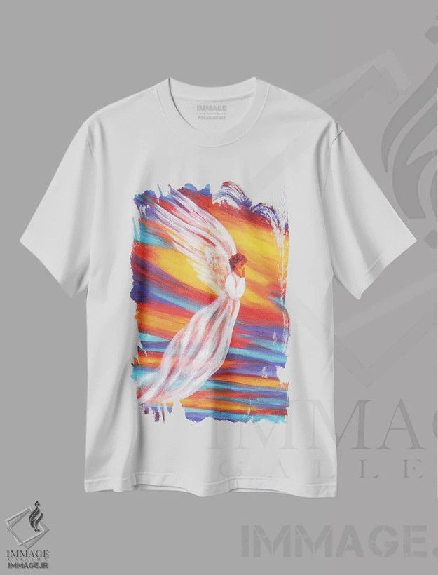 تیشرت سفید طرح دار فرشته غروب جنوب غرب، هنر فاخر معاصر اثر لورا ایورسن | فروشگاه ایماژ