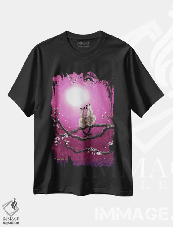 تیشرت مشکی طرح دار گربه های سیامی در شکوفه های بهاری، هنر فاخر معاصر اثر لورا ایورسن | فروشگاه ایماژ