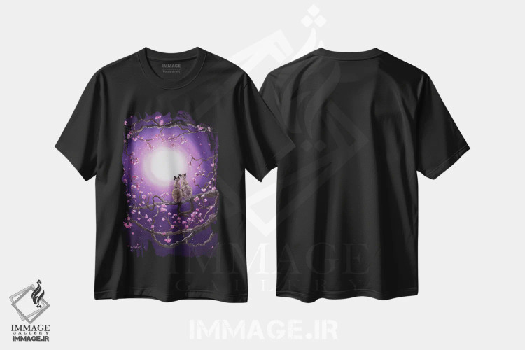 تیشرت مشکی طرح دار گربه های سیامی در شکوفه های صورتی، هنر فاخر معاصر اثر لورا ایورسن | immage.ir