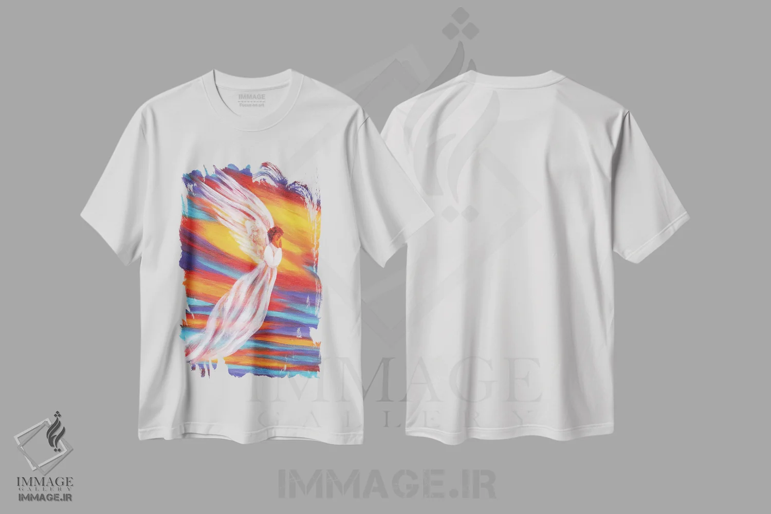 تیشرت سفید طرح دار فرشته غروب جنوب غرب، هنر فاخر معاصر اثر لورا ایورسن | فروشگاه ایماژ