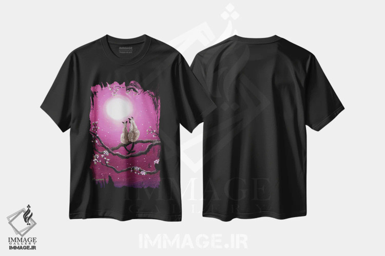 تیشرت مشکی طرح دار گربه های سیامی در شکوفه های بهاری، هنر فاخر معاصر اثر لورا ایورسن | فروشگاه ایماژ