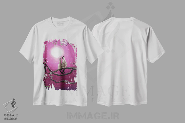 تیشرت سفید طرح دار گربه های سیامی در شکوفه های بهاری، هنر فاخر معاصر اثر لورا ایورسن | immage.ir