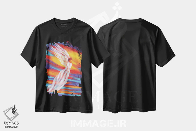 تیشرت مشکی طرح دار فرشته غروب جنوب غرب، هنر فاخر معاصر اثر لورا ایورسن | immage.ir