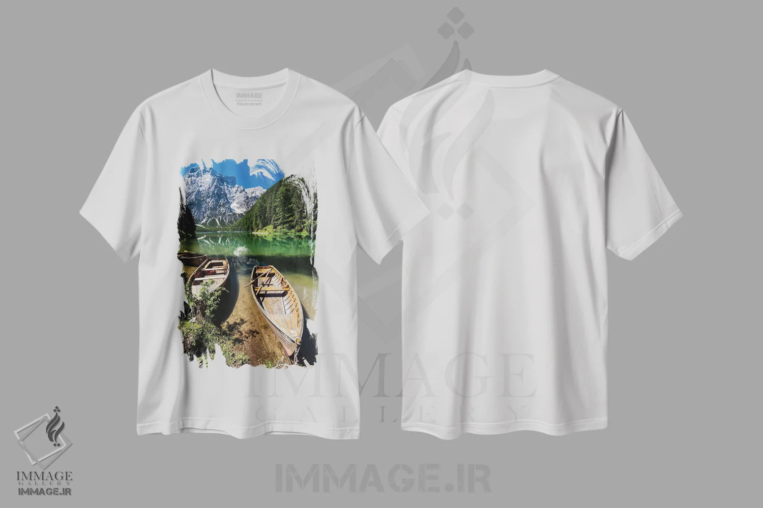 تیشرت سفید طرح دار ایتالیا، دولومیت ها، دریاچه برایس، مدیوم اثر میکولاج گوسپودرک | فروشگاه ایماژ