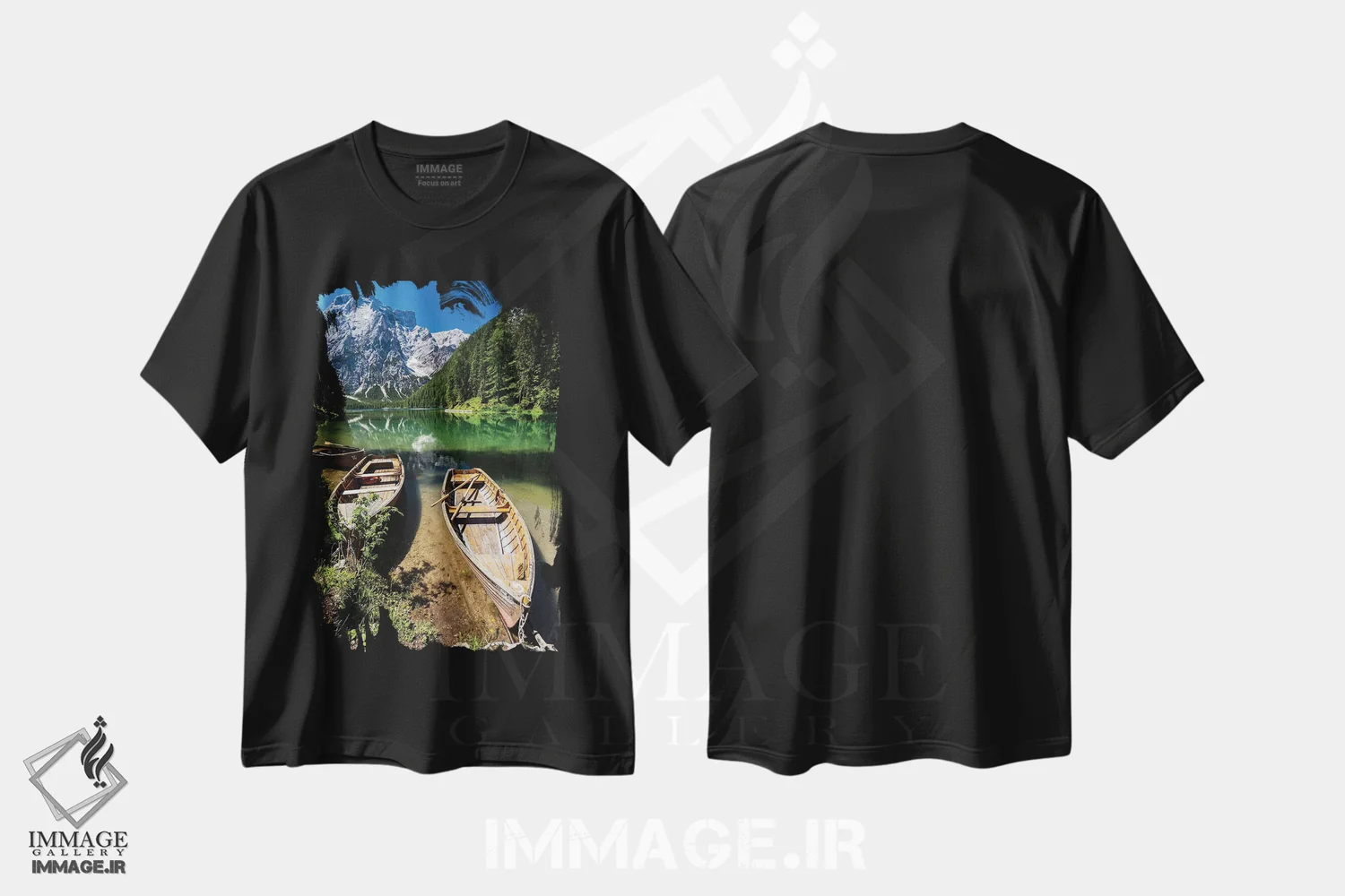 تیشرت مشکی طرح دار ایتالیا، دولومیت ها، دریاچه برایس، مدیوم اثر میکولاج گوسپودرک | immage.ir