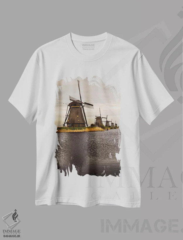 تیشرت سفید طرح دار هلند، کیندردیک، آسیاب های بادی، مدیوم اثر میکولاج گوسپودرک | فروشگاه ایماژ