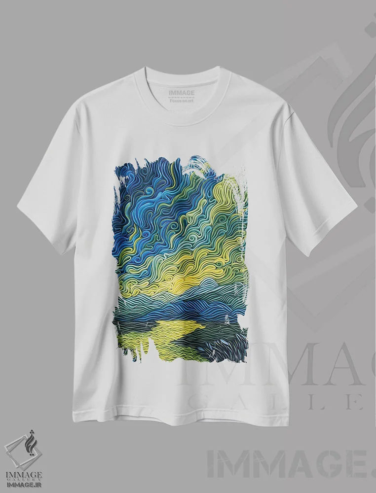 تیشرت سفید طرح دار شفق نیمه شب، دکور معاصر اثر آلیسا لاریوشکینا | فروشگاه ایماژ