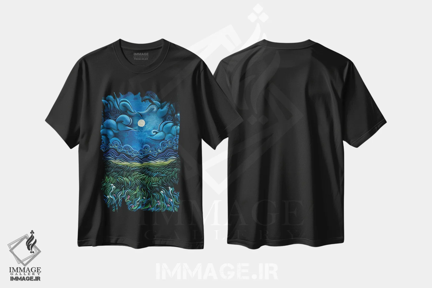 تیشرت مشکی طرح دار شب افسانه ای، دکور معاصر اثر آلیسا لاریوشکینا | فروشگاه ایماژ