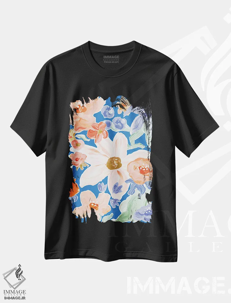 تیشرت مشکی طرح دار گل نقاشی شده، دکور معاصر اثر جیل لابینیک | فروشگاه ایماژ
