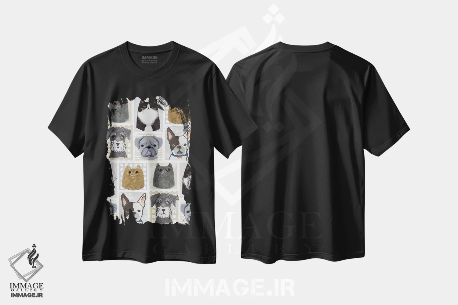 تیشرت مشکی طرح دار گربه ها و سگ ها، تزئینی اثر لیندا برتل | فروشگاه ایماژ