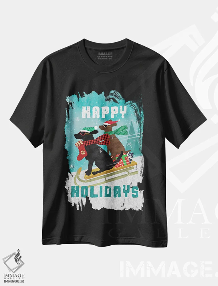 تیشرت مشکی طرح دار تعطیلات خوش، حیوانات کریسمسی اثر لیندا برتل | فروشگاه ایماژ