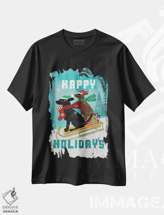 تیشرت مشکی طرح دار تعطیلات خوش، حیوانات کریسمسی اثر لیندا برتل | فروشگاه ایماژ