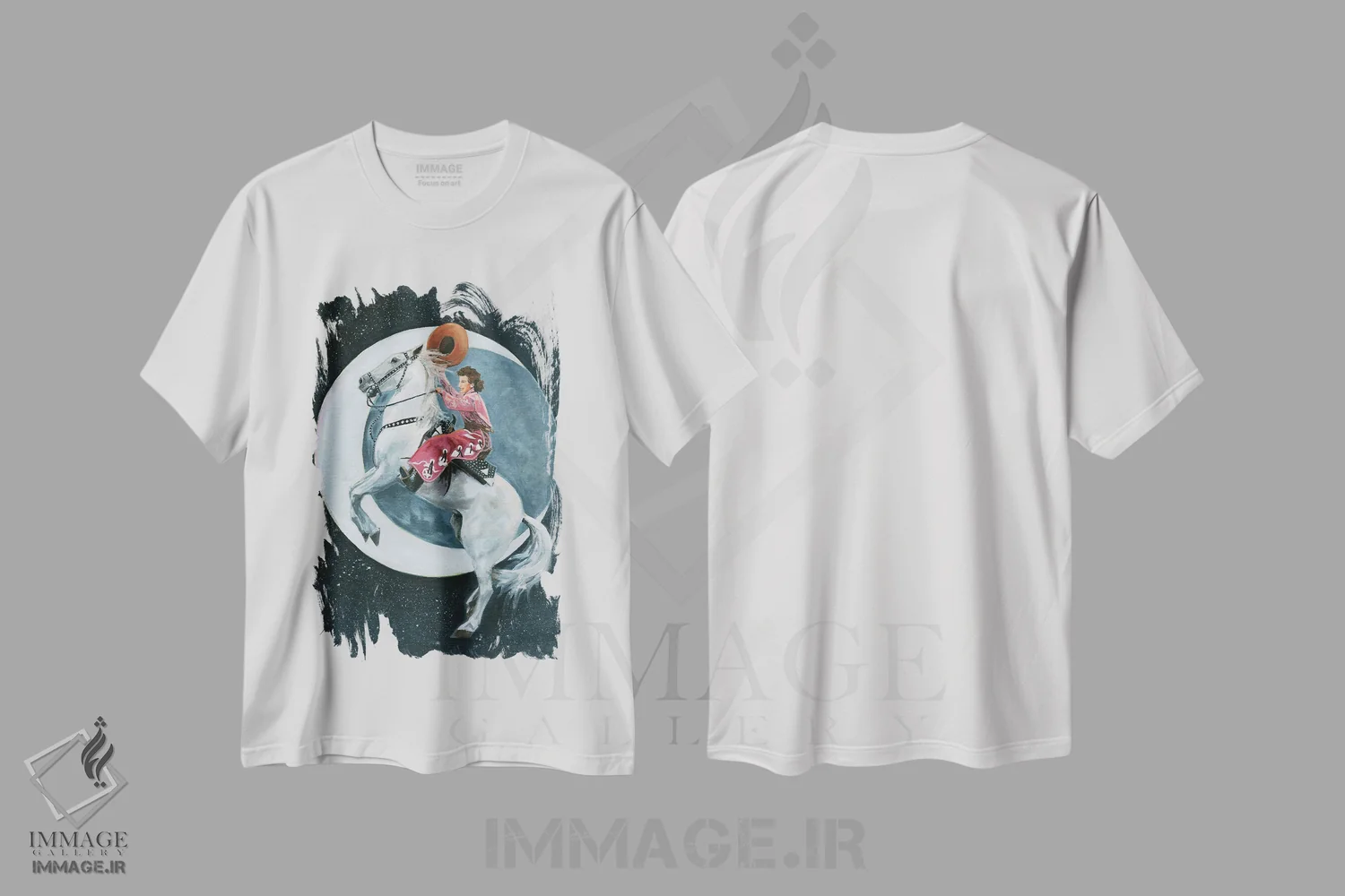 تیشرت سفید طرح دار ماه اسب چموش، هنر فاخر معاصر اثر لیزا باترز | فروشگاه ایماژ