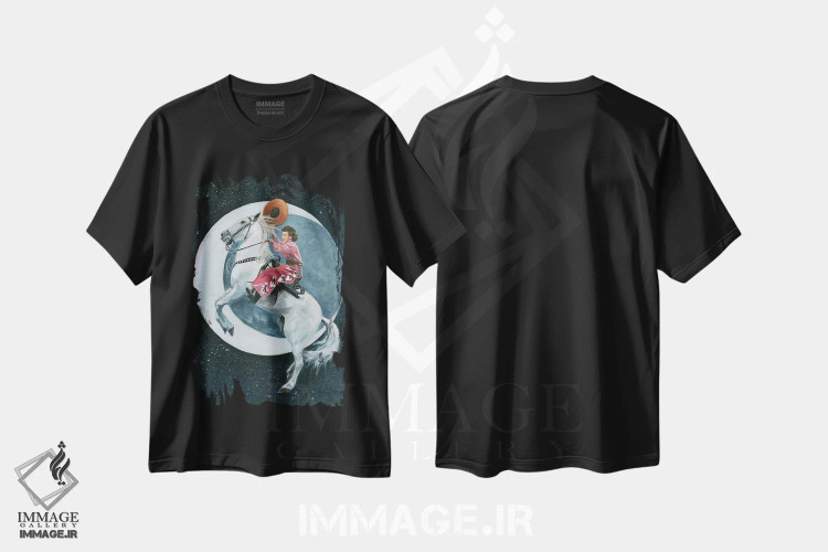 تیشرت مشکی طرح دار ماه اسب چموش، هنر فاخر معاصر اثر لیزا باترز | immage.ir