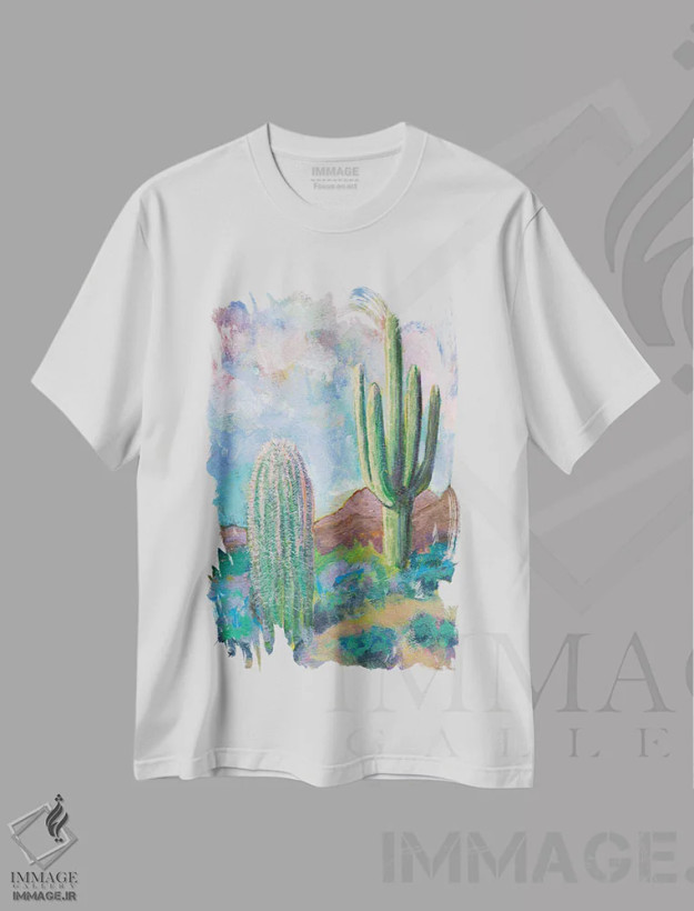 تیشرت سفید طرح دار روح کاکتوس، هنر فاخر معاصر اثر لیزا باترز | فروشگاه ایماژ